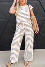 Stripe Cap Sleeve Top and Drawstring Pants Set Women UK in Khaki Stripe — front view of complete matching co-ord set — Fashionfitz