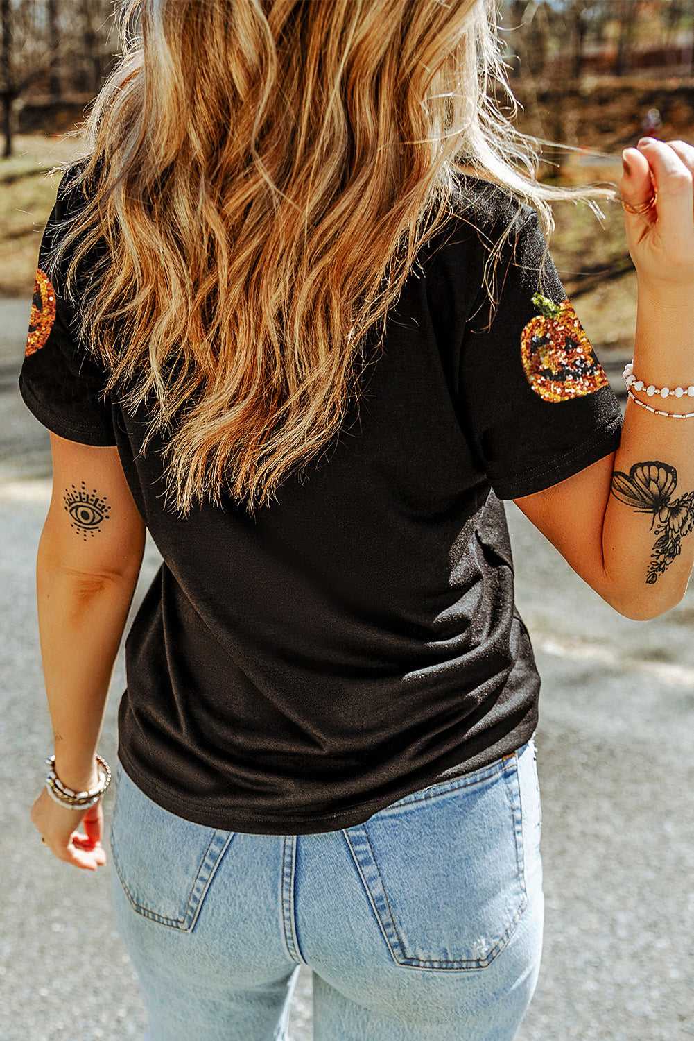 Sequin Pumpkin Face Halloween T-Shirt