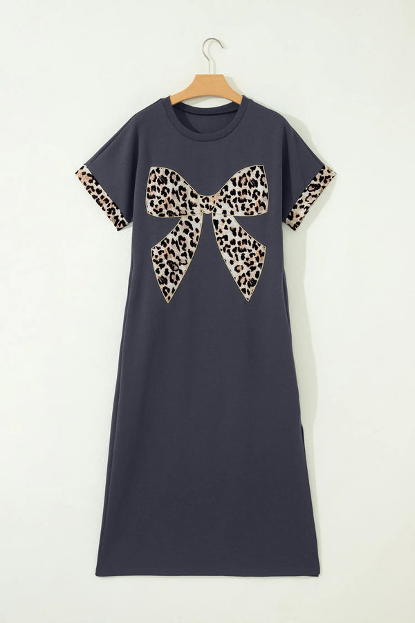 Leopard bow patch short sleeve t-shirt maxi dress thigh slit high waist dresses