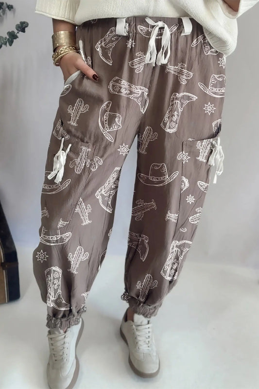 Western print vintage drawstring elastic hem jogger trousers with pockets joggers