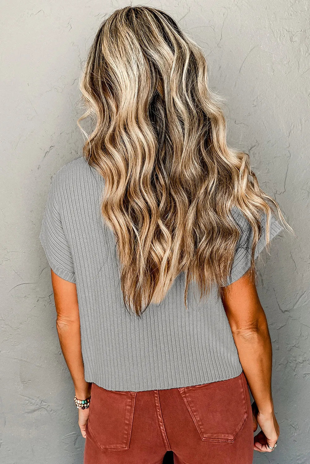 Gray Patch Pocket Ribbed Knit Short Sleeve Sweater - Fashionfitz