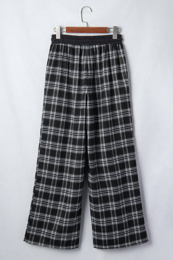 Plaid Contrast Drawstring Waist Wide Leg Trousers — side view | Fashionfitz UK