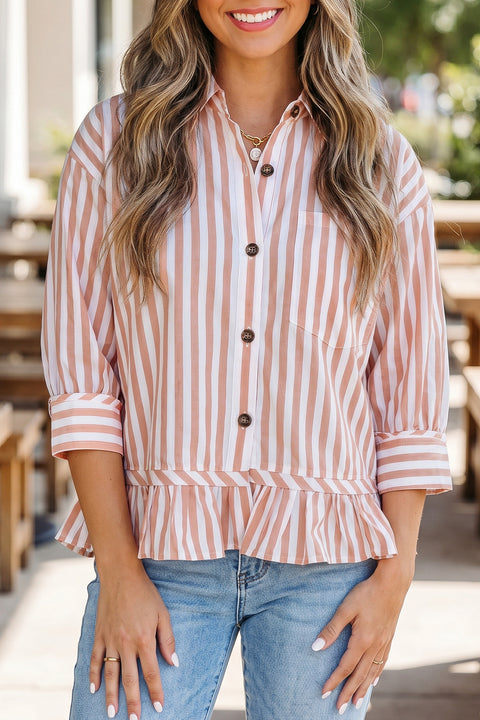 Stripe Button Front Ruffle Hem Bracelet Sleeve Shirt Women UK