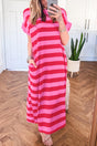 Stripe cuffed short sleeve pocketed maxi dress — front view full length on model