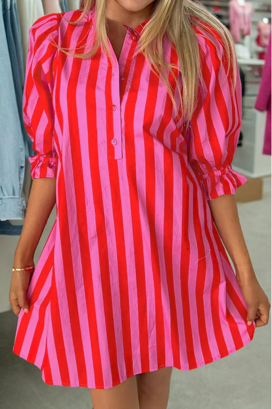 Woman wearing red stripe puff sleeve half button loose shift mini dress with drawstring waist, front view, Fashionfitz UK