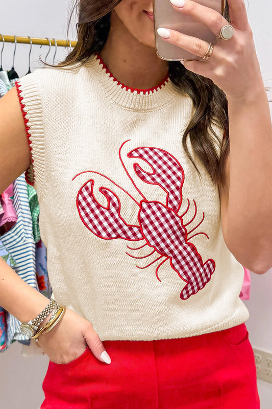 Plaid Crawfish Embroidery Crew Neck Knit Sweater Vest