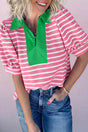 Striped Puff Sleeve Colour Block Polo Collar Blouse Women UK