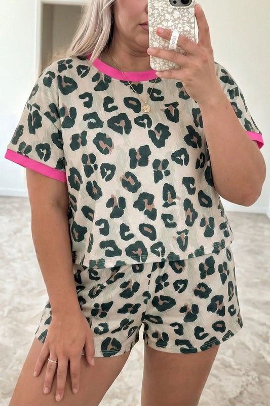 Plus size leopard colour block trim short sleeve top & shorts set outfit sets
