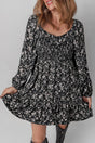Black Floral Long Sleeve Shirred Square Neck Mini Dress Women UK