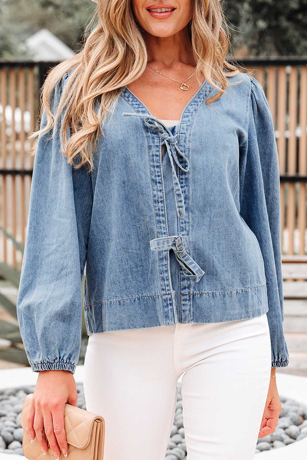 Blue Ties Puff Denim Top