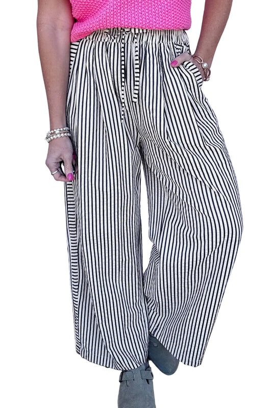 Black Stripe High Waist Wide Leg Drawstring Casual Trousers with Pockets
