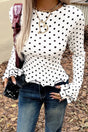 Black Polka Dot Print Lettuce Trim Long Sleeve Top