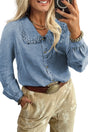 Ruffled Peter Pan Collar Puff Sleeve Denim Shirt Women UK in blue — front view showing ruffled Peter Pan collar and puff sleeves — Fashionfitz