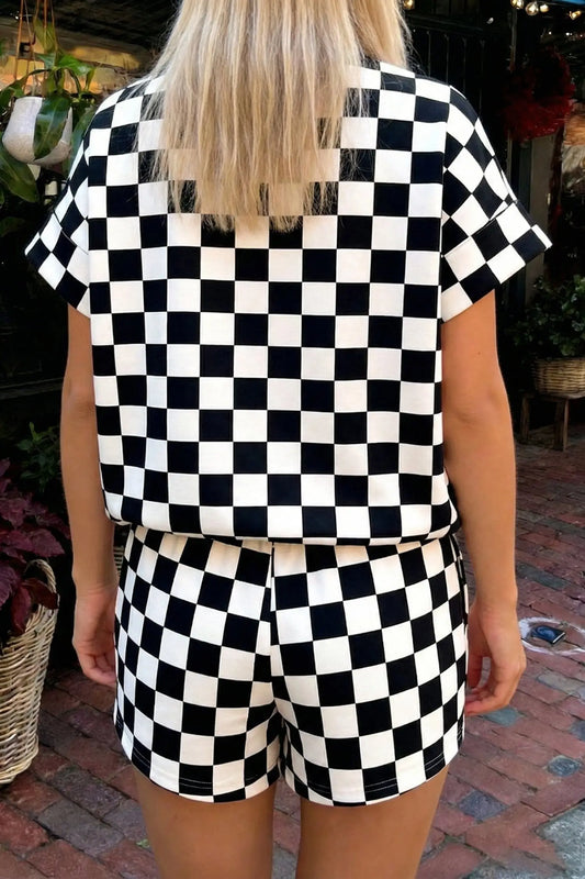 Checkered colour block trim mock neck short set outfit sets