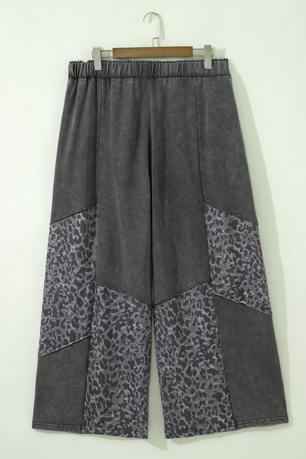 Plus Size Leopard Patchwork Mineral Wash Wide Leg Trousers