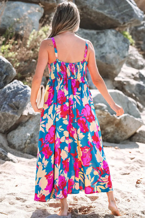 Dark Blue Floral High Waist Sleeveless Flared Maxi Dress Women UK — back view