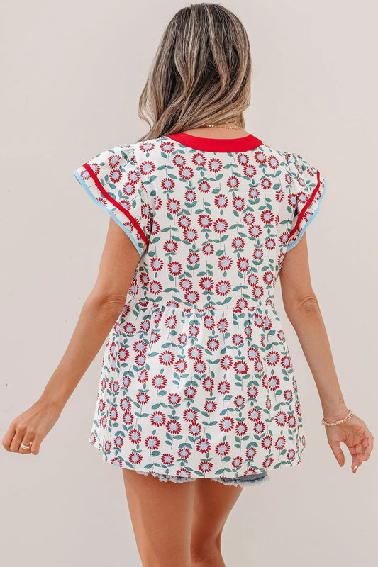 Red sunflower printed contrast trim v neck flutter sleeve blouse