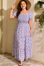 Floral print square neck smocked plus size maxi dress in purple — front view