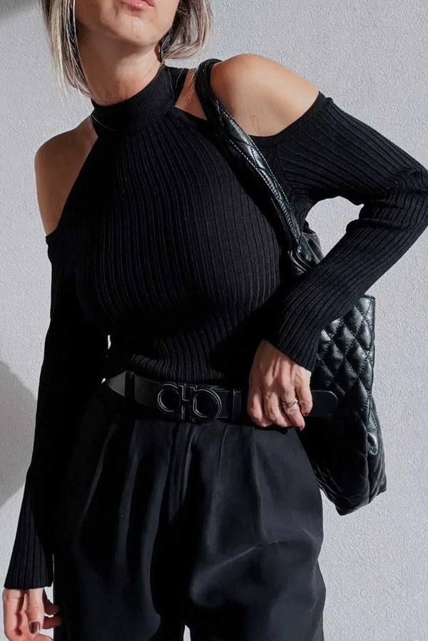 Black cold shoulder choker neck sweater back view — Fashionfitz UK