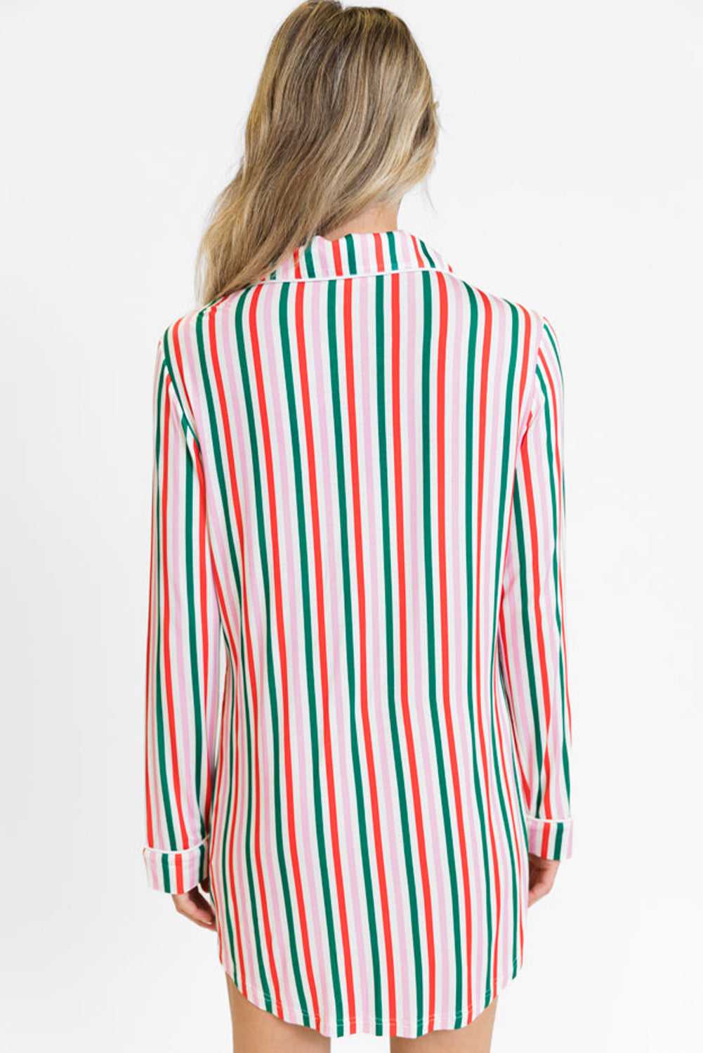 Back view of Pink Candy Cane Stripe Christmas Lounge Dress by FashionFitz, highlighting its relaxed fit and vertical candy cane stripes.