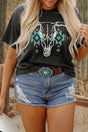 Western Aztec bull skull printed plus size graphic tee in carbon grey — front view