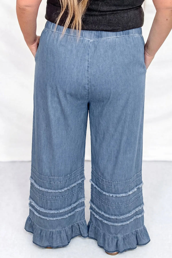 Plus Size Tiered Ruffled Wide Leg Denim Pants Women UK — side view | Fashionfitz UK