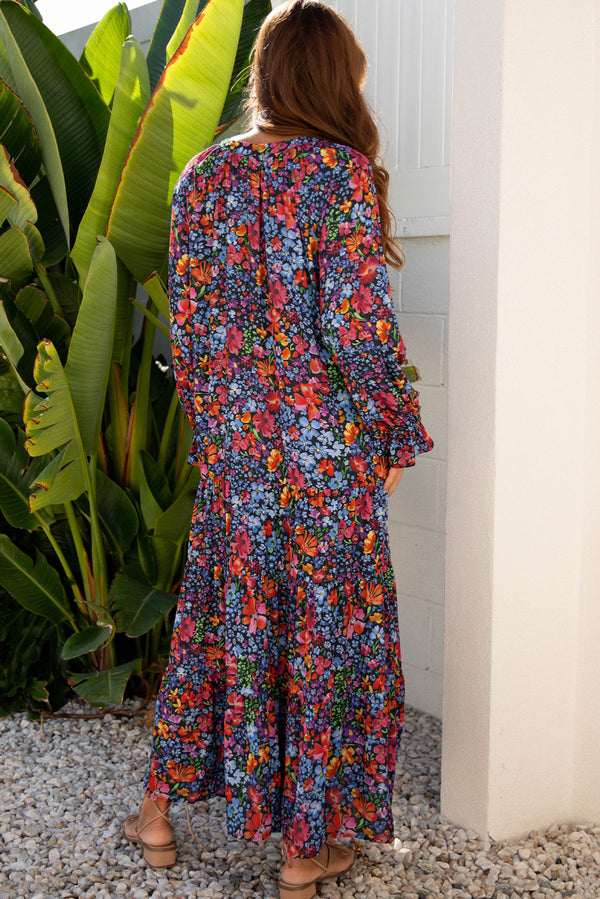 Blue Floral Tassel Tie V Neck Long Sleeve Maxi Dress Women UK — back view