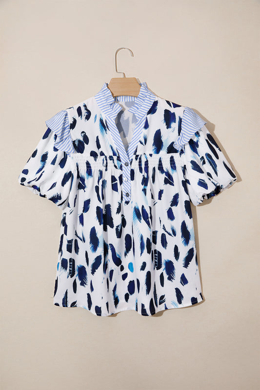 Abstract Print Striped Collar Ruffle Sleeve V-Neck Blouse