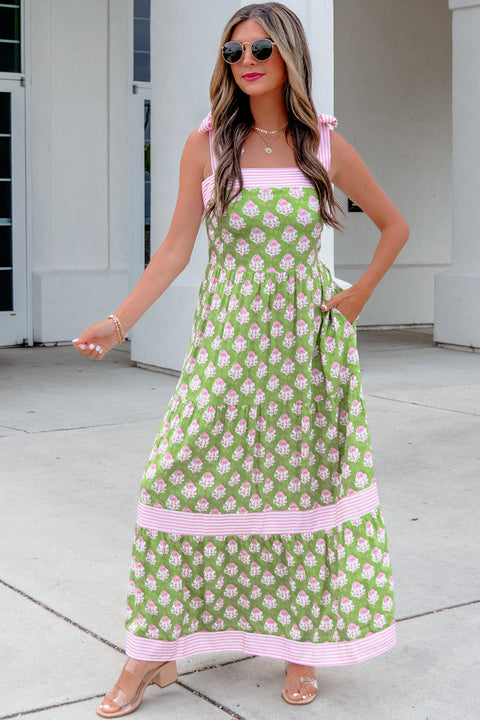Floral Striped Knot Strap Smocked Back Maxi Dress Women UK