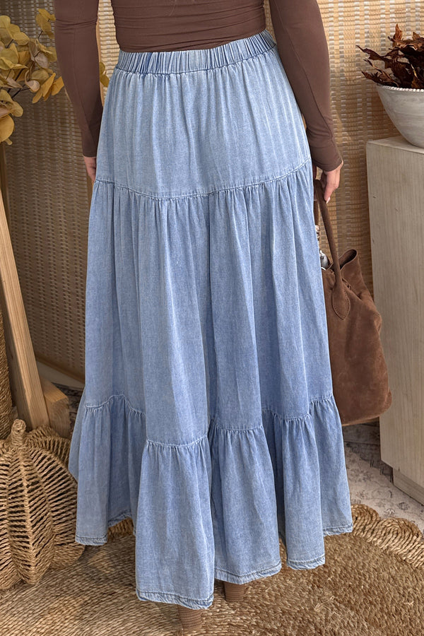 Elastic Waist Ruffled Tiered Maxi Skirt Lyocell Side Pockets Beau Blue