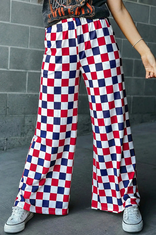 2-tone checked print high waist wide leg trousers with pockets