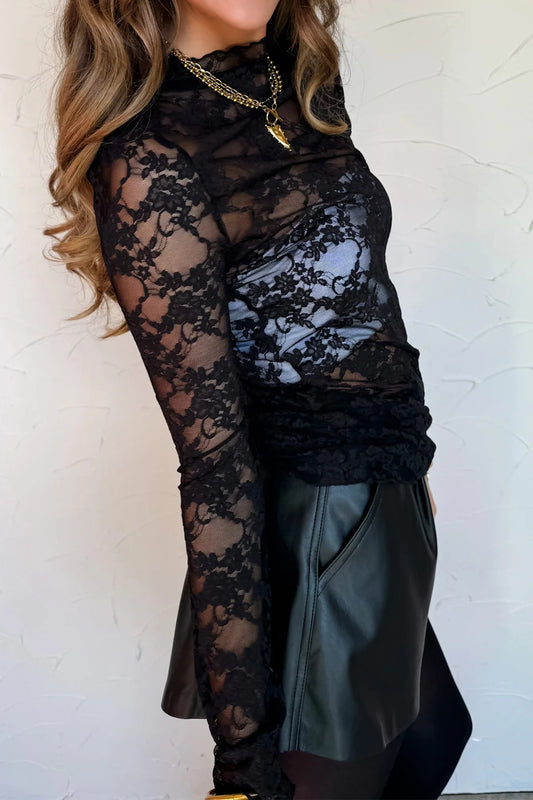 Sheer Floral Lace Mock Neck Lettuce Trim Long Sleeve Top