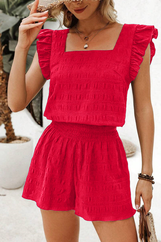 Textured Square Neck Cap Sleeve Top & Shirred High Waist Shorts Set