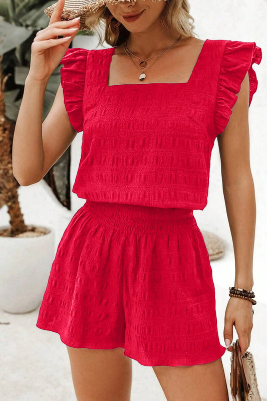 Fiery red textured square neck top and shirred high waist shorts set