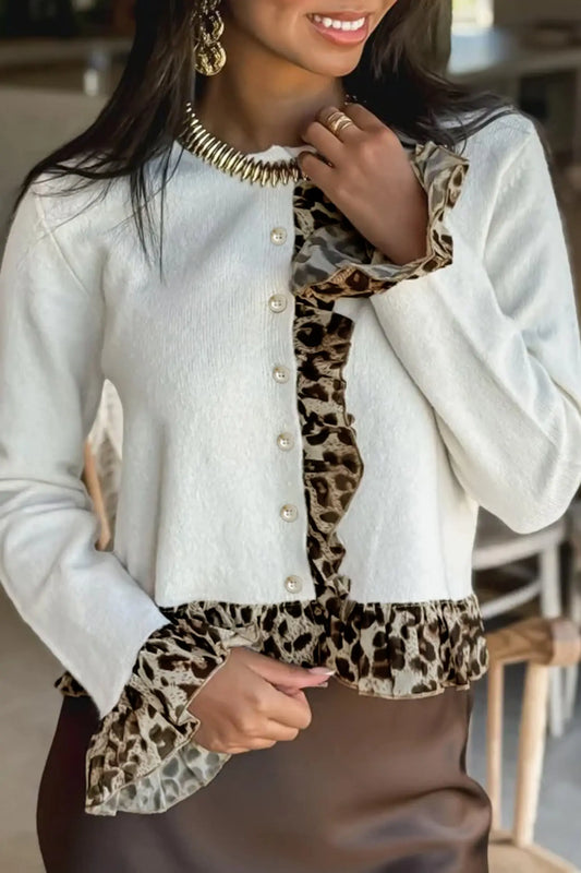 White leopard ruffle patchwork button-down cropped cardigan — front view | Fashionfitz UK