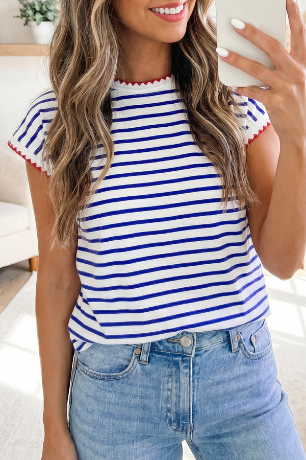 Stripe Contrast Trim Round Neck Cap Sleeve Tee Women UK