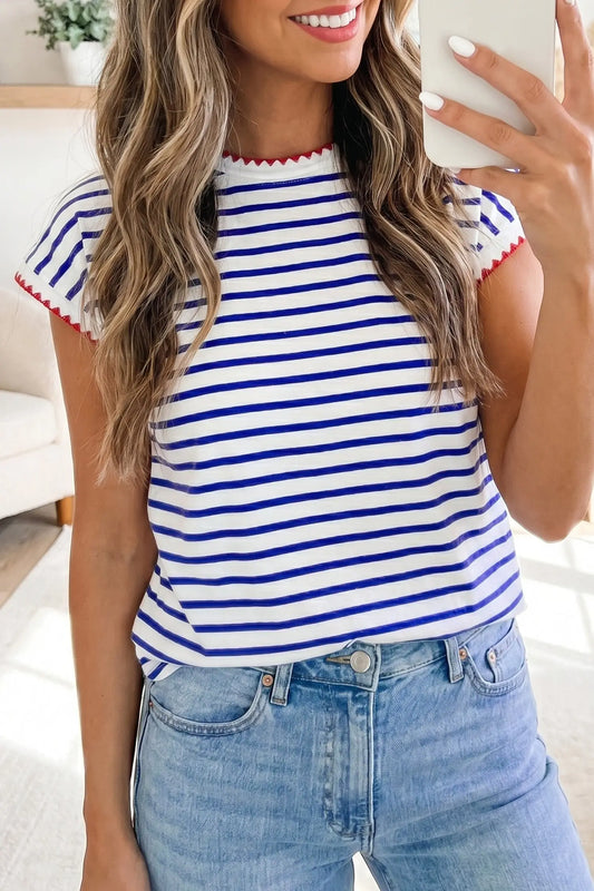 Women's striped cap sleeve tee side view round neck summer