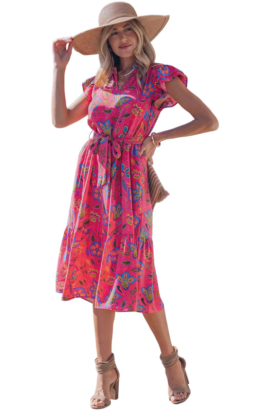 Rose flutter sleeve belted floral long midi dress