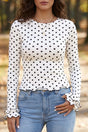 Black polka dot print lettuce trim long sleeve top front view — Fashionfitz UK
