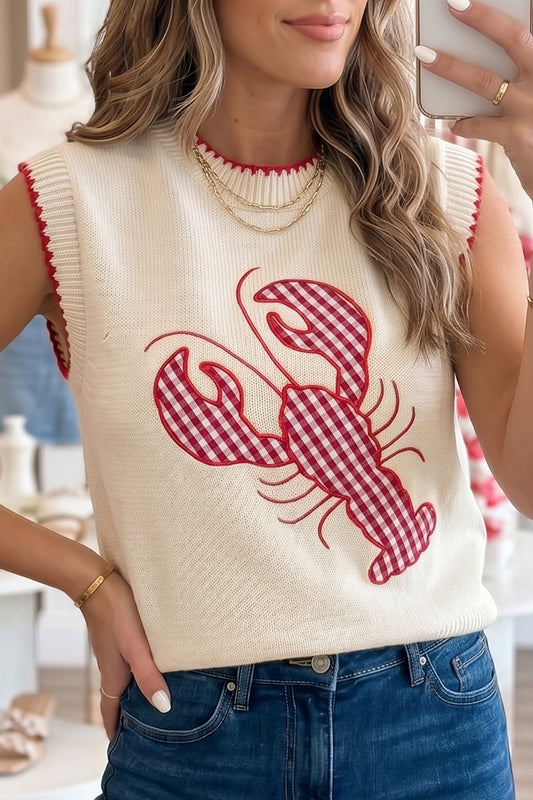 Plaid Crawfish Embroidery Crew Neck Knit Sweater Vest