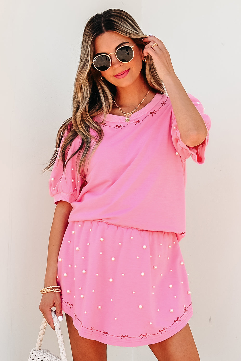Pearl Bow Chic Co-Ord - Elegant Two-Piece Set