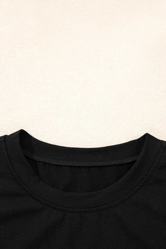 Close-up of the neckline on the Lace Sleeve Drop T-Shirt - Soft & Comfy | FashionFitz, showing the smooth black fabric and round collar.
