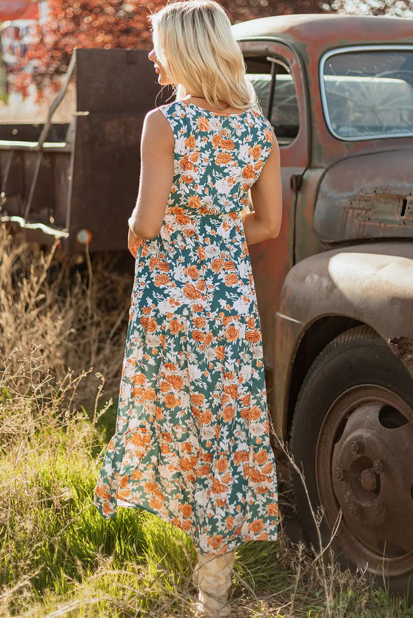 Green Floral Trimmed V Neck Tie Waist Sleeveless Maxi Dress Women UK — back view
