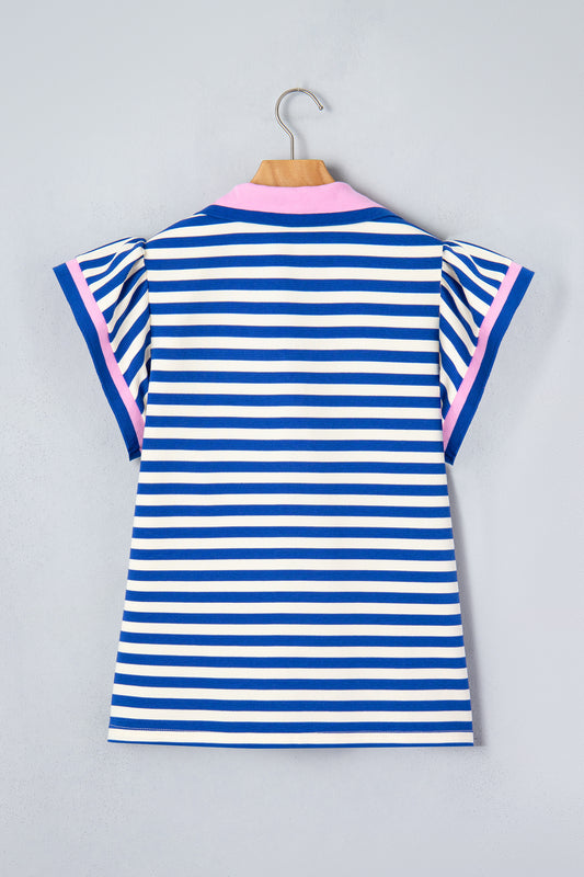 Stripe Contrast Trim Polo Collar Ruffled Short Sleeve Blouse