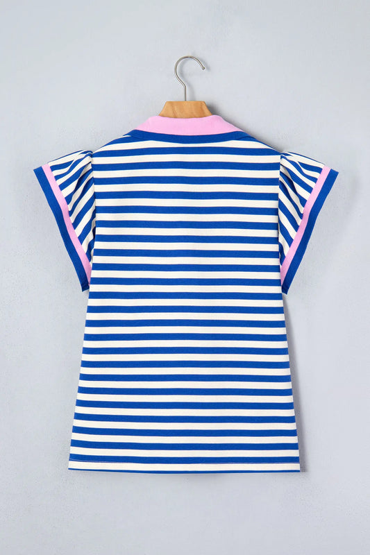 Women's stripe polo collar blouse back view ruffled casual