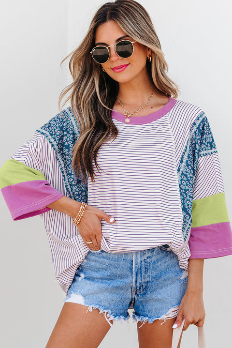 Purple Floral Colorblock Patchwork Bracelet Sleeve Blouse Women UK