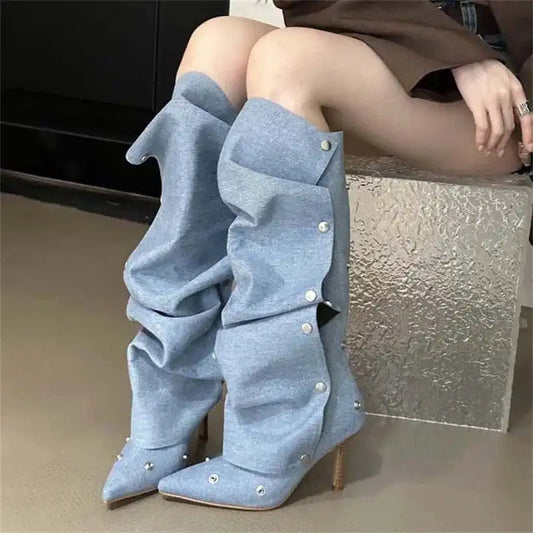 Women's Denim Boots - Knee High Thin Heels with pleated design and silver button accents, perfect for fashion-forward styling.