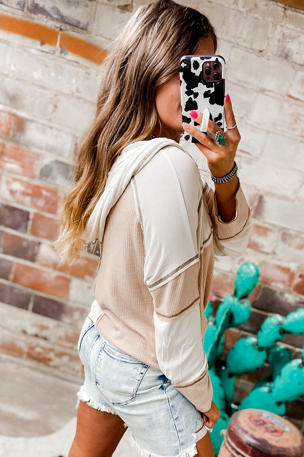 Color-Block Seamed Ribbed Henley Hoodie