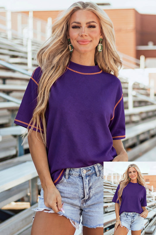 Reversible Contrast Stitch Drop Shoulder High Neck Short Sleeve Tee