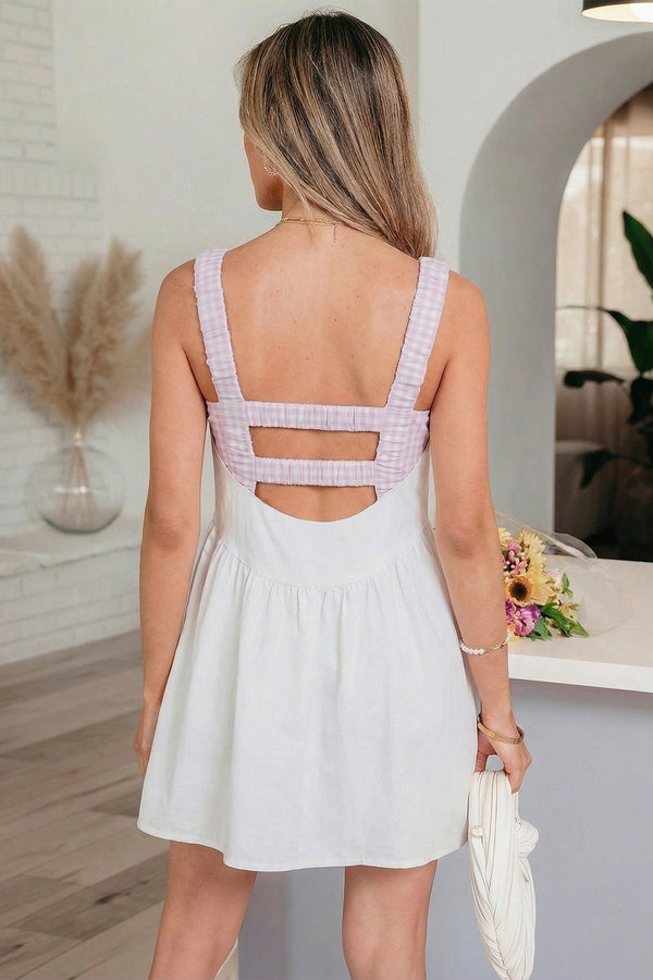 Gingham Patchwork Faux Two Piece Loose Mini Dress Women UK